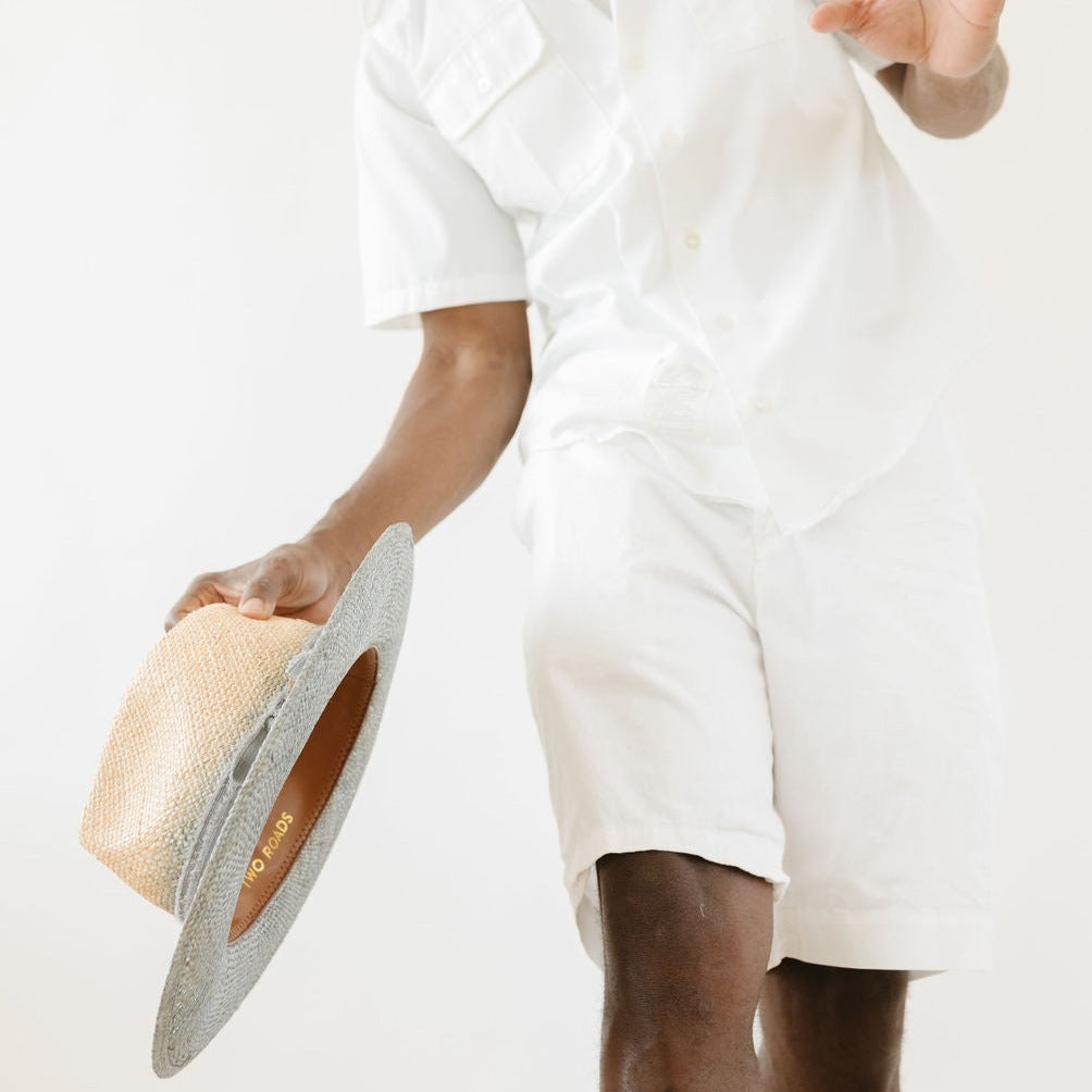 PORTO MARIE TWO-TONE STRAW HAT — TAN/GREY